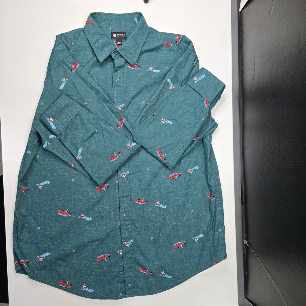 Haggar Mens Large Button Up Shirt Santa Water Skiing Holiday Novelty L Christmas - Picture 9 of 9